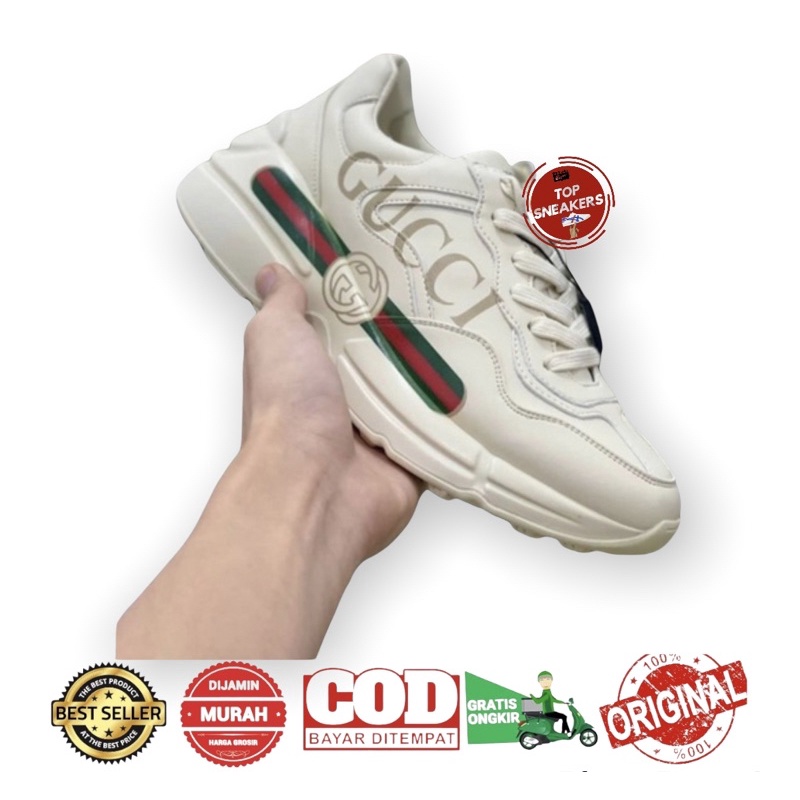 TS Sepatu Rhyton Gucci Logo Leather Sneaker Free Paperbag & Sertifikat
