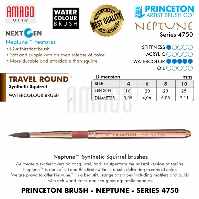 KUAS - PRINCETON NEPTUNE WATERCOLOUR BRUSH - ROUND - PILIH UKURAN