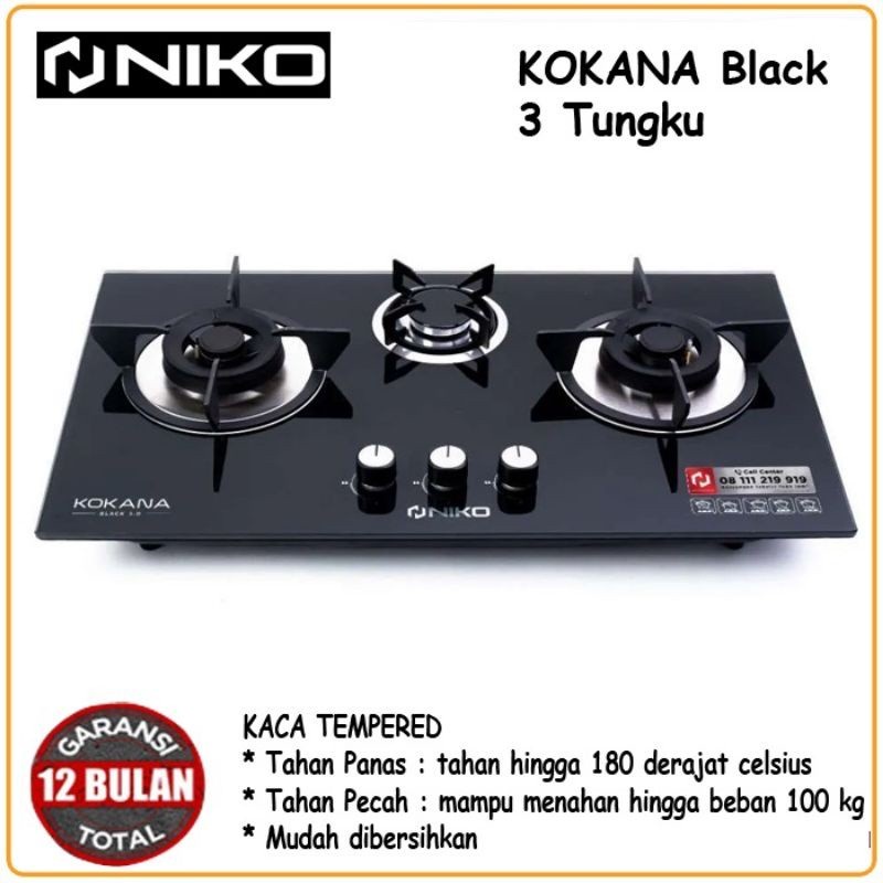 NIKO kompor Gas Kaca Tanam 3 Tungku Kokana 3.0 Black - Garansi Resmi 1 Tahun