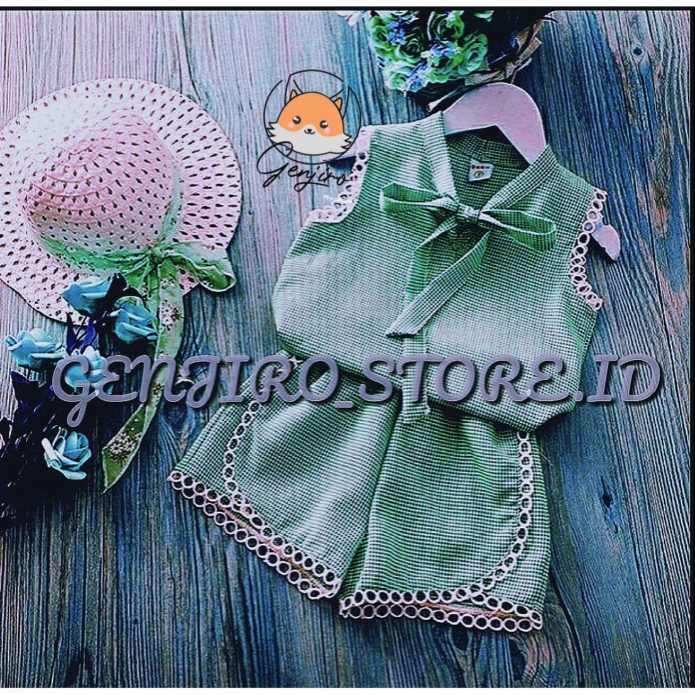 SETELAN ANAK PEREMPUAN/ BAJU SINGLET/CELANA PENDEK/MOTIF BAHAN KOTAK POLYSTER/APLIKASI RENDA/UNTUK UMUR 6 BULAN - 4 TAHUN/BISA COD