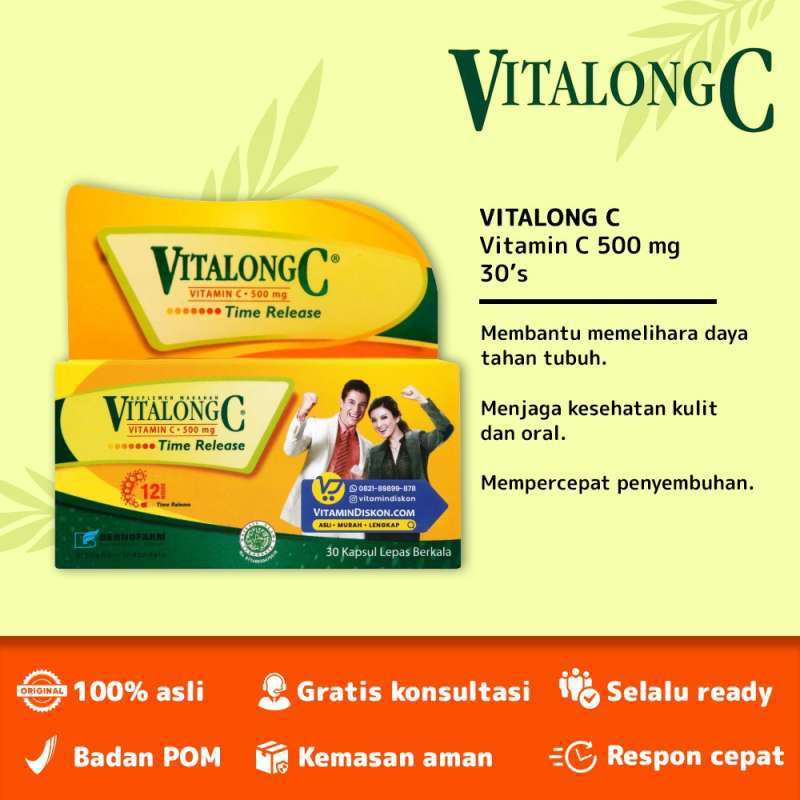 Original!! Vitalong C Botol Isi 30 Kapsul Vitamin C Aman di Lambung Tahan Lama 12 Jam Timed Release