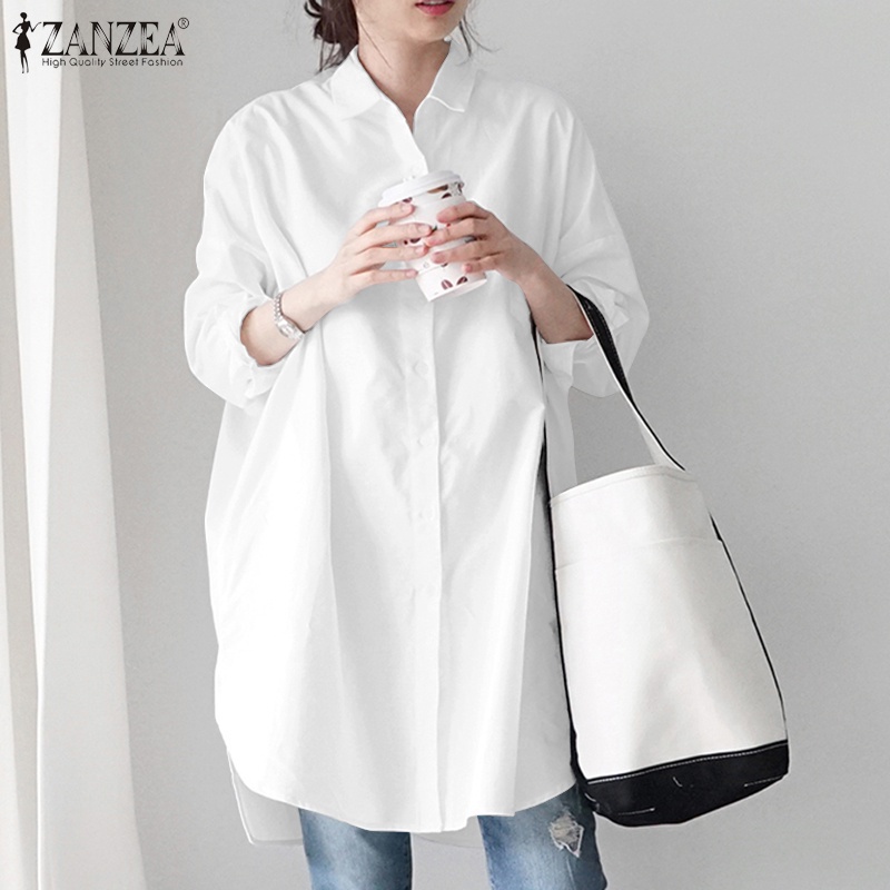 ZANZEA Women Korean Style Vintage Casual Collared Button Down 3/4 Sleeve Solid Color Blouse