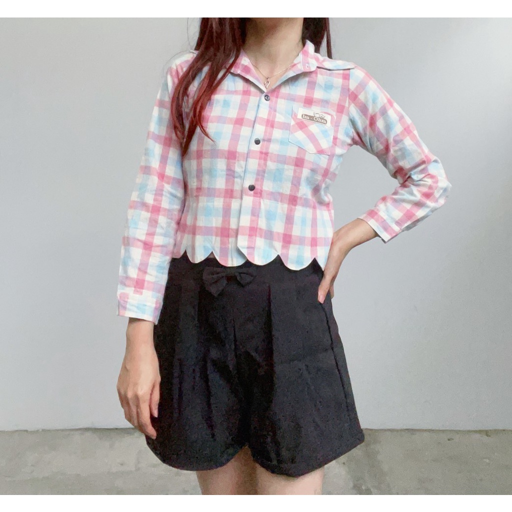 TP340 - ATASAN KEMEJA FLANEL WANITA CROP TOP KOREAN IMPORT