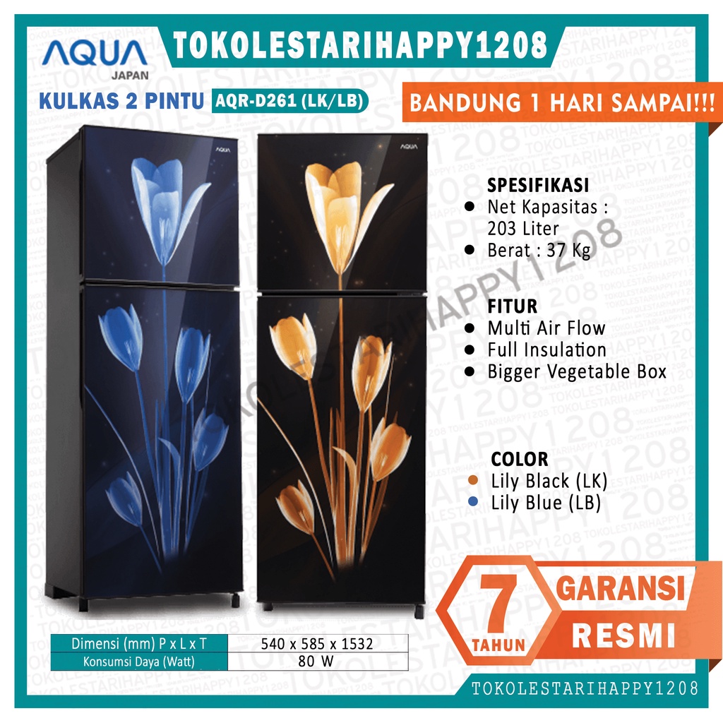 KULKAS 2 PINTU AQUA SANYO JAPAN AQR-D261 LK/LB KHUSUS BANDUNG GARANSI RESMI