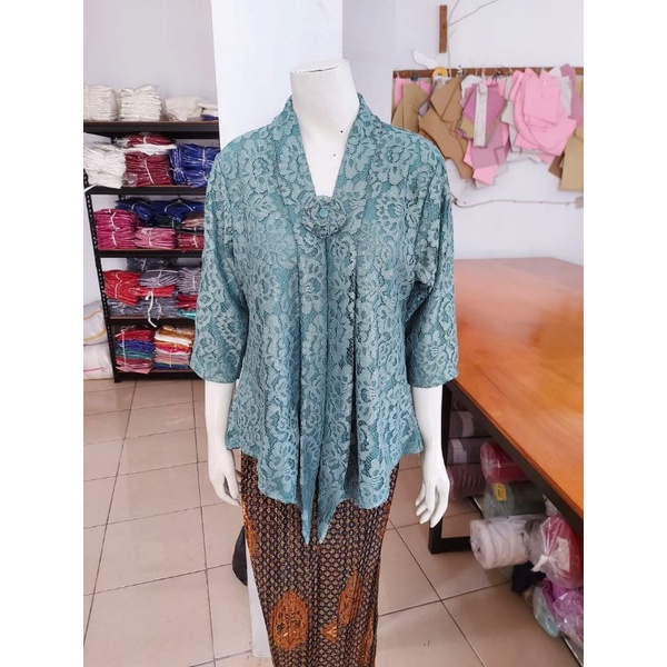 (BrL110) Kebaya floy BROKAT GLITTER & FOIL EMAS 7/8 lurus jumbo KeroncongBusana-Mint Blue, FOIL