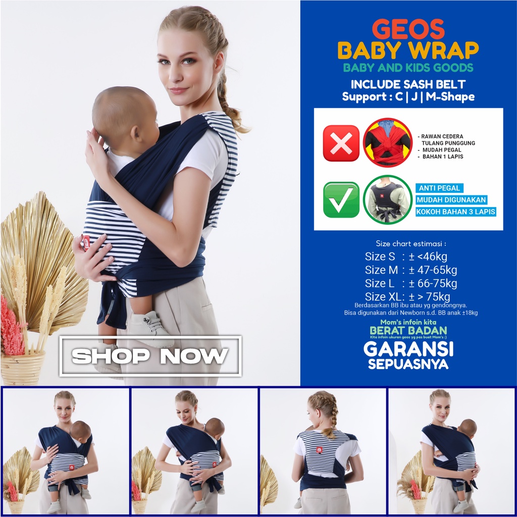 Gendongan Bayi M Shape Depan Samping Geos Gendongan Baby Wrap Instan Premium