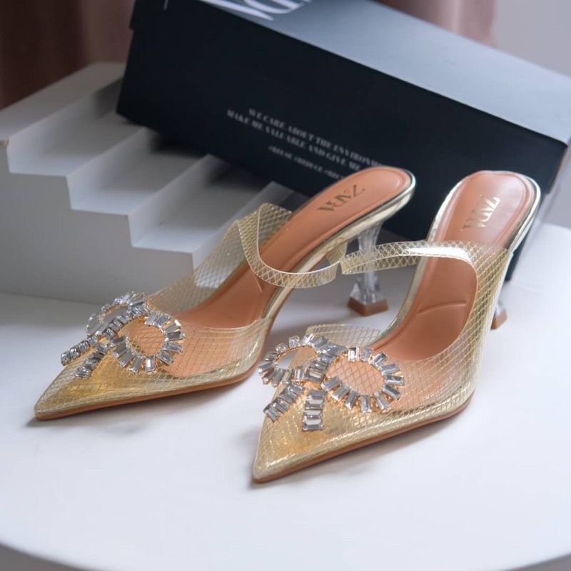 Sepatu Hak Tinggi Wanita ZR Vynil Slingback High Heels 8cm Premium Import Emas Gold Kuning Yellow Di