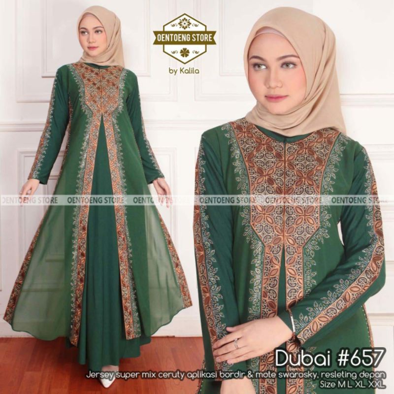 DUBAI 657  BY OENTOENG STORE / GAMIS ABAYA BAHAN JERSEY MIX CERUTY WARNA HIJAU BOTOL