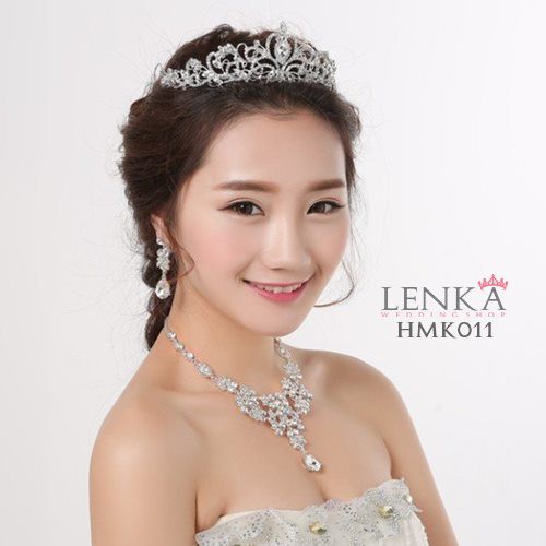 Paket Crown Kalung Anting Crystal l Aksesoris Royal Wedding Lenka - HMK011