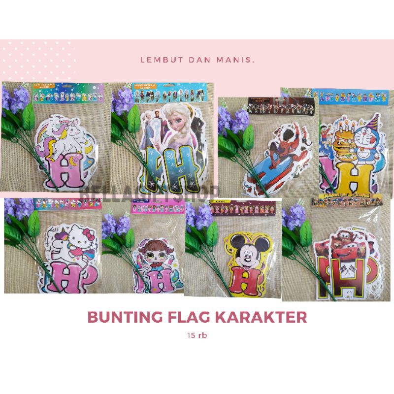 bunting flag HBD karakter anak banner HBD | frozen doraemon mickey cars spiderman unicorn LOL tayo kitty