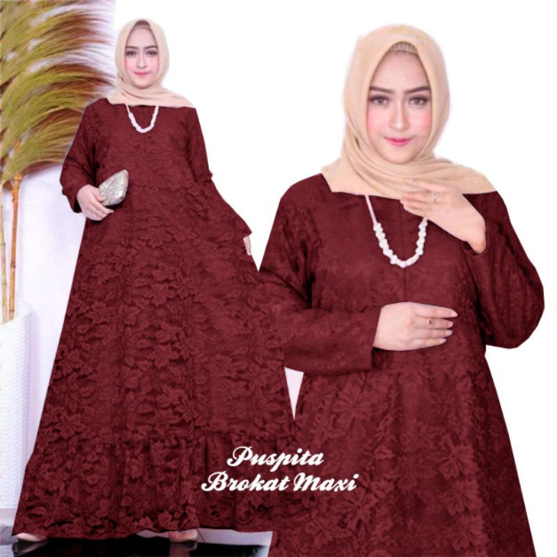 ELDE 5 - Puspita maxi JUMBO dress gamis brukat termurah L XL 3XL 5XL lapis furing seleting depan pinggang blkg karet