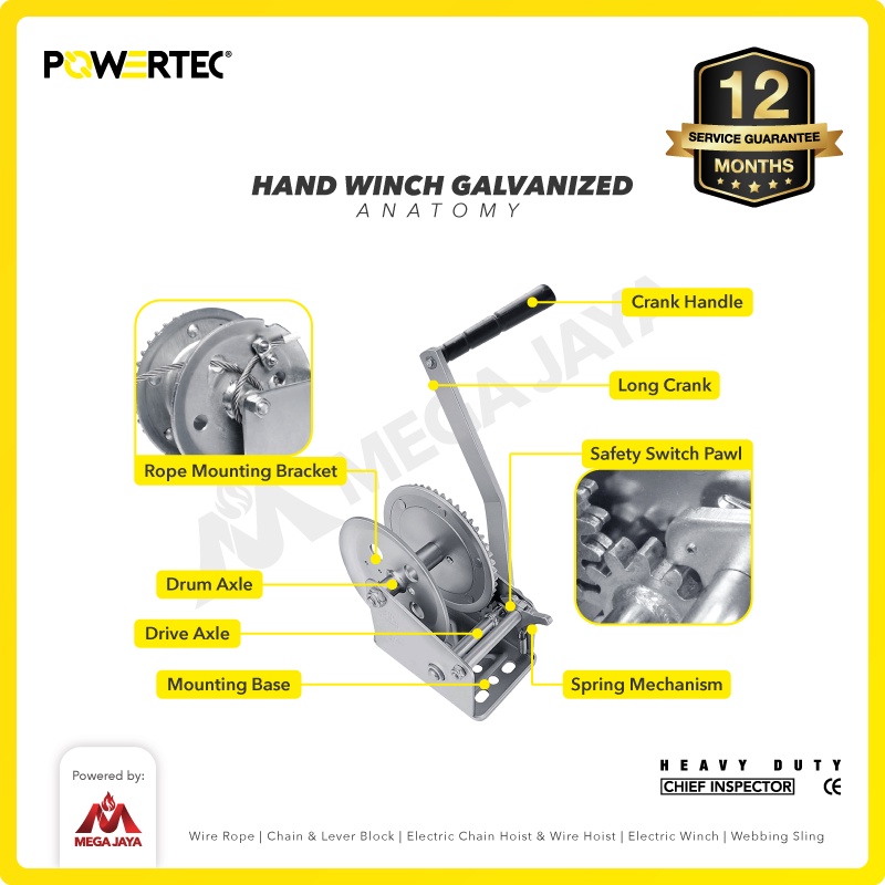 POWERTEC Hand Winch / Katrol Manual 3500lbs / 1600Kg x 15 M Galv-3