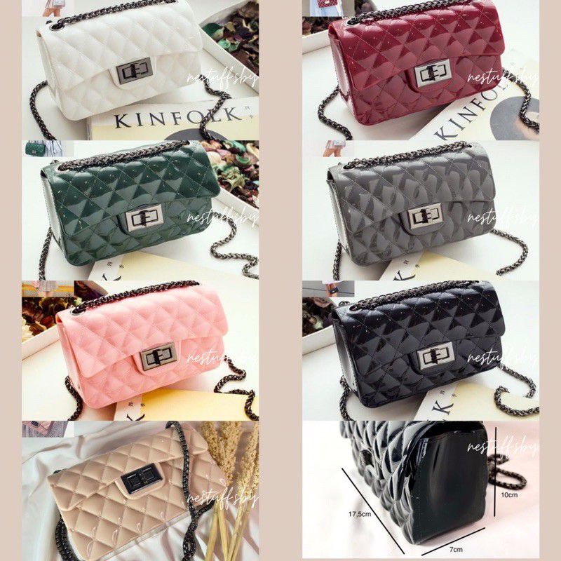 TAS IMPORT JAKARTA JELLY GLOSSY RANTAI HITAM UK18 Tas Selempang Mini / Tas Handbag / Jelly Bag Mutia