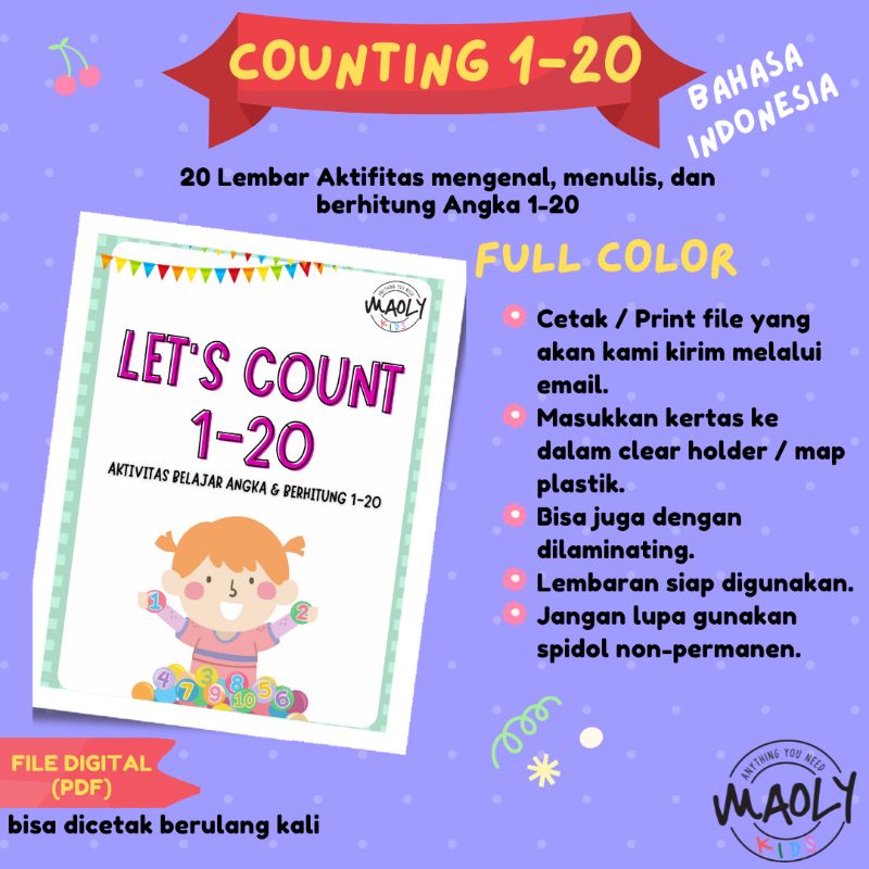 Belajar Berhitung Mengenal Angka 1-20 Worksheet Lembar Kerja Anak PAUD/TK Printable