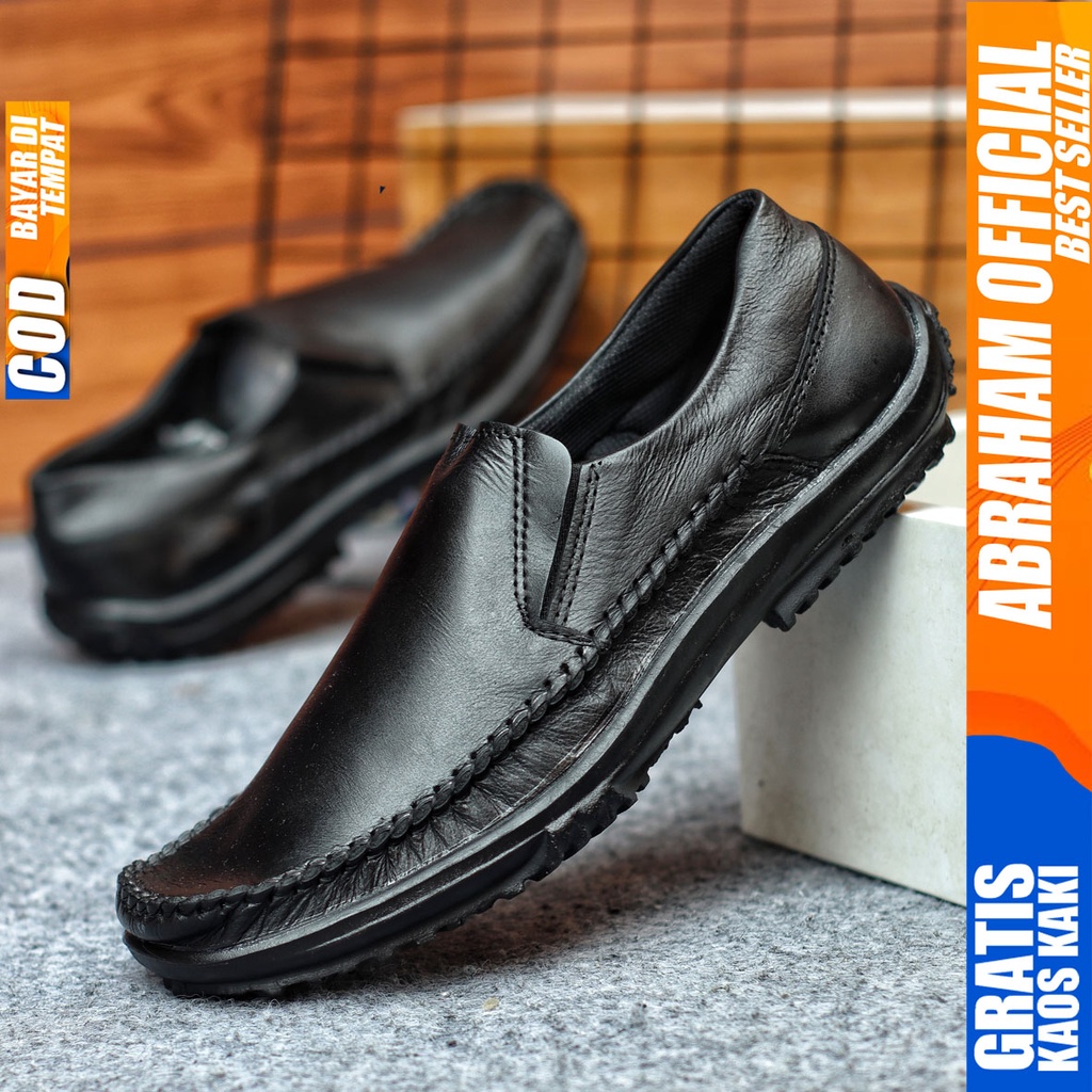 Sepatu Casual Pria Formal Slip On Pantofel Kulit Asli Kerja Kantor Kondangan Kuliah Hitam Fashion Shoes Terbaru Murah Kekinian Original RODAS ABRAHAM