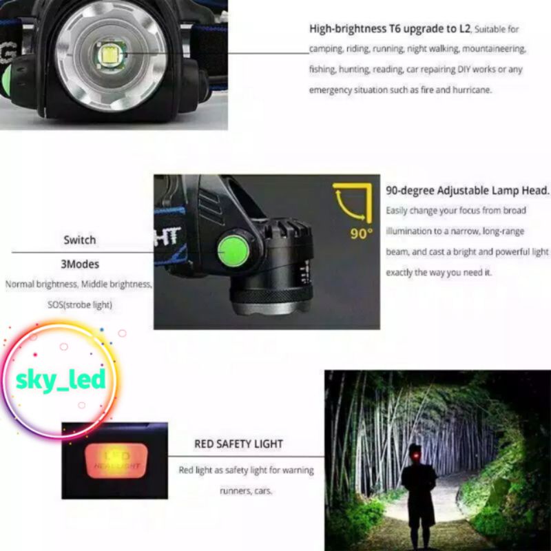 Senter Kepala LED Zoom Super Terang Headlamp LED Cree XML T6 (senter kepala+baterai+chas)   Waterproof Anti Air