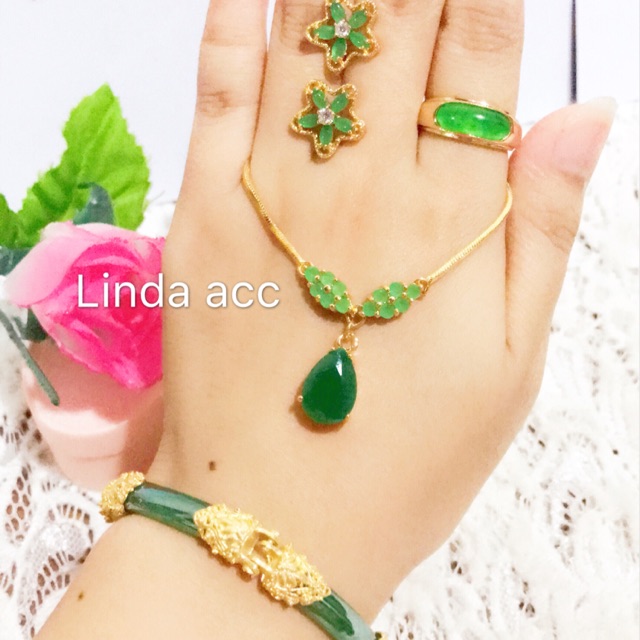 set permata giok gelang lapis emas batu giok asli