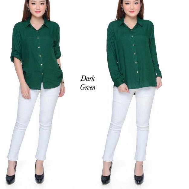 ♔ Atasan Kemeja Wanita Rayon Basic Polos Warna Hijau Botol Fit To S - M ♦