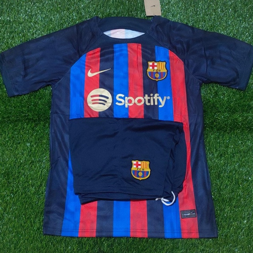 SETELAN BARCELONA EL BARCA BIRU MERAH HITAM KAOS / BAJU DAN CELANA PENDEK KOSTUM JERSEY BOLA FUTSAL 