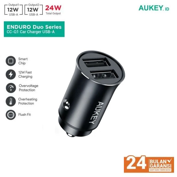 AUKEY CC-Q1 - ENDURO DUO Series - Dual Port USB-A Car Charger - Charger Mobil 2 Port USB 24W Total (12W per Port)