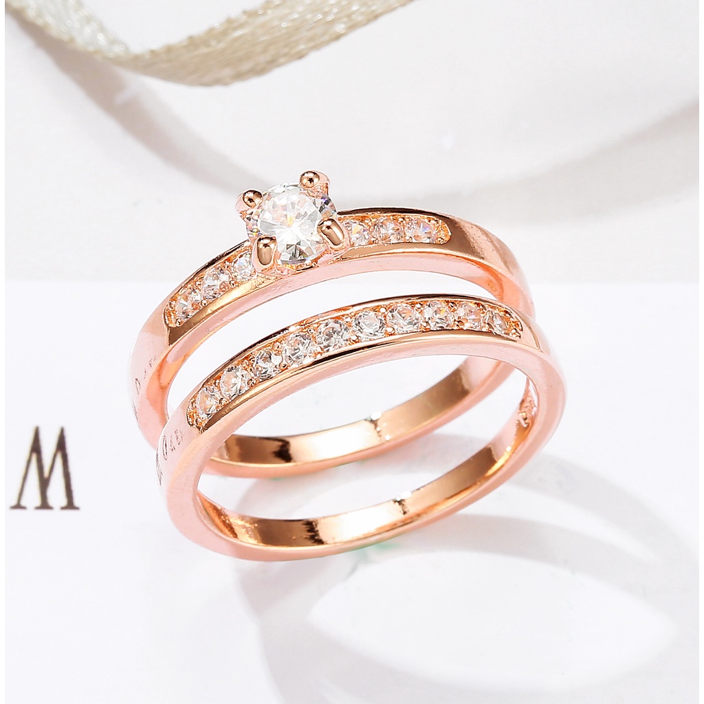 Set cincin emas mawar perak 925 wanita (dua cincin)