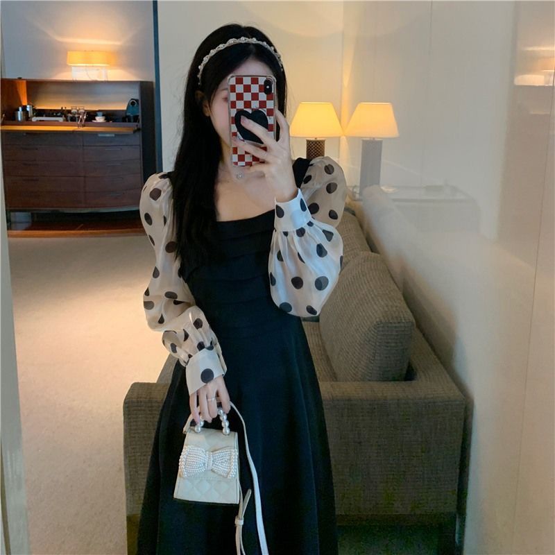 #29 Dress Vintage Wanita Motif Polos Lengan Panjang Polkadot (S/M/L/XL/XXL)