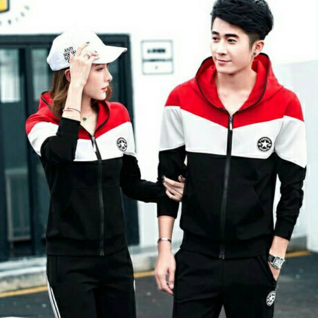 JAKET COUPLE FASHION SPORT KOMBINASI MODERN COWOK CEWEK PASANGAN MUSLIM ADA TOPI HOODIE MODEL KOREA