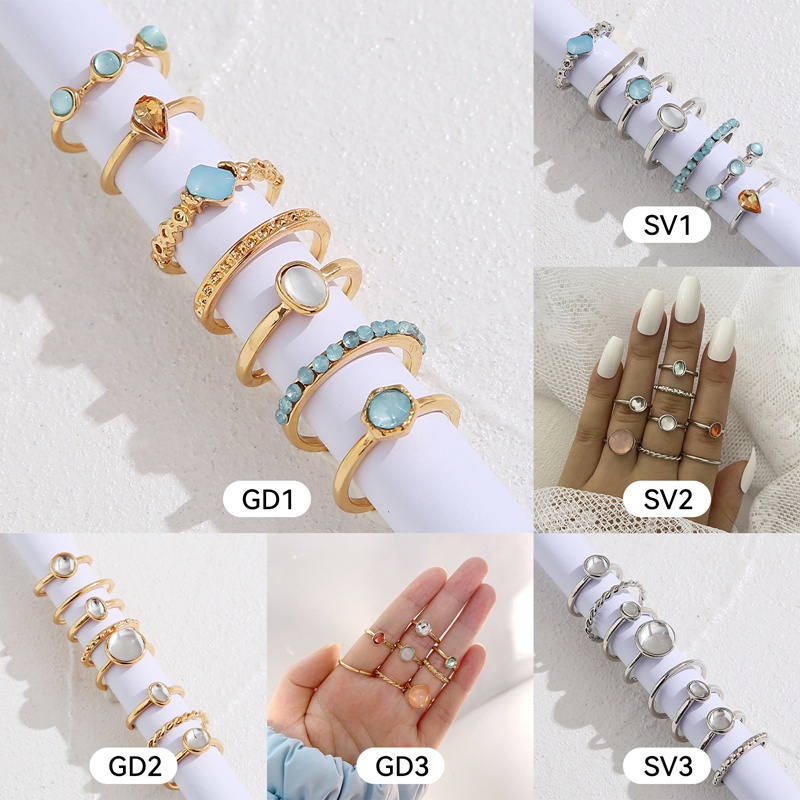 Fancyqube 1 Set Cincin Batu Warna-Warni Bahan Metal Gaya Vintage Korea Untuk Wanita