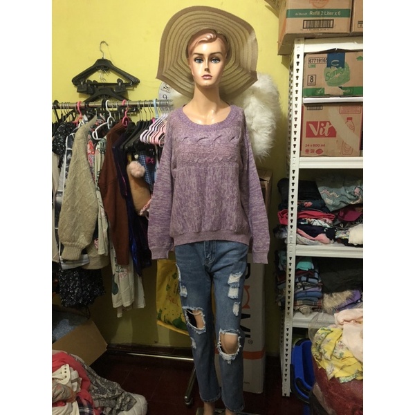 Sweater kepang Lilac bulu Fuzzy premium Import