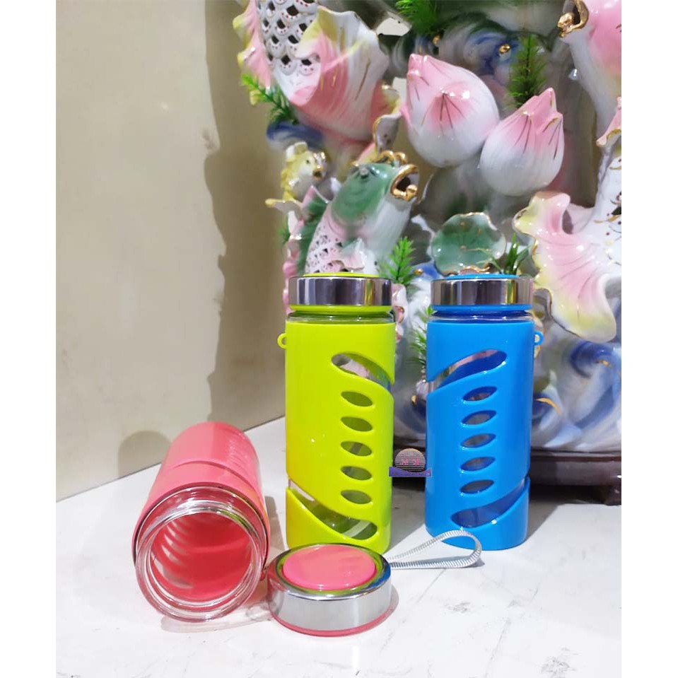 BOTOL MINUM KACA BELING MOTIF COVER PLASTIK BERVARIASI WARNA 350ML