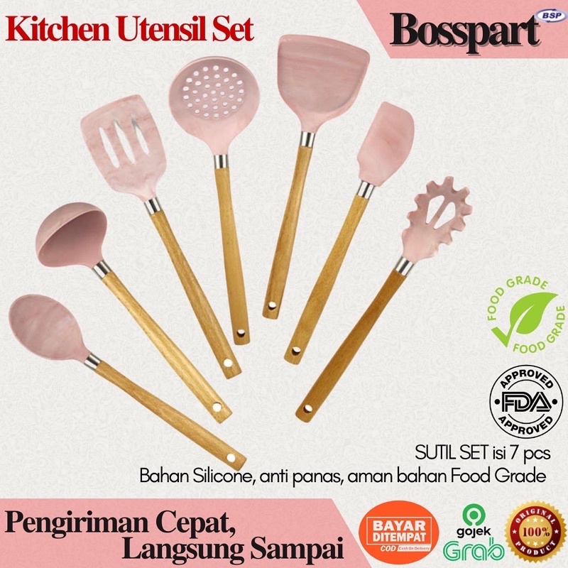 Silicone Utensil Set 7pcs / Kitchen Silicon Utensil Set / Sodet Silikon / Spatula Set 7pcs / Spatula Gagang Kayu