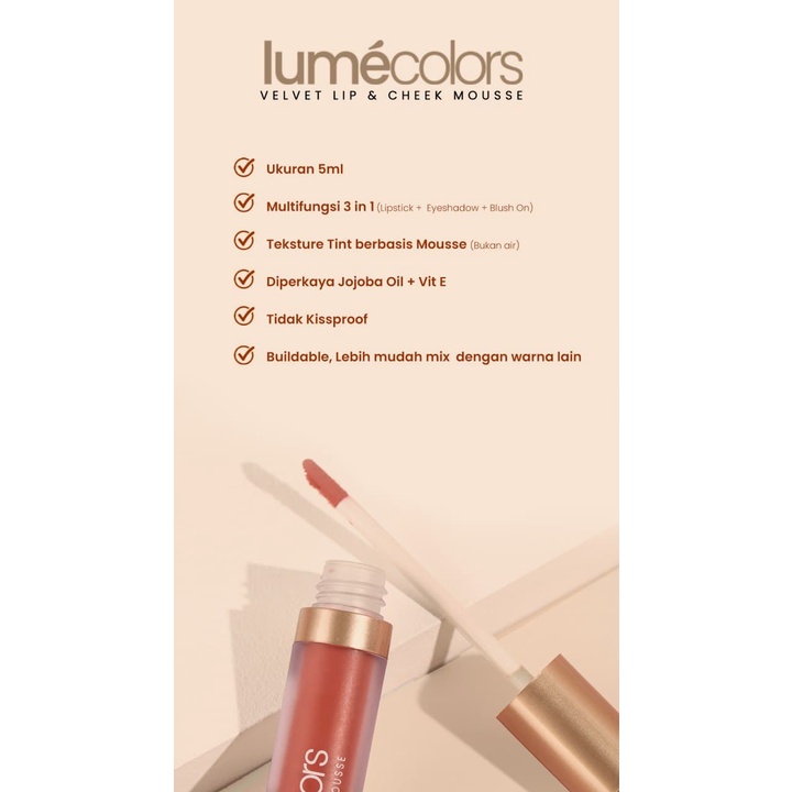 Lumecolors Lip Cheek Mousse 3in1 Lipstick Eyeshadow Blush On Warna Pink Nude Merah Peach