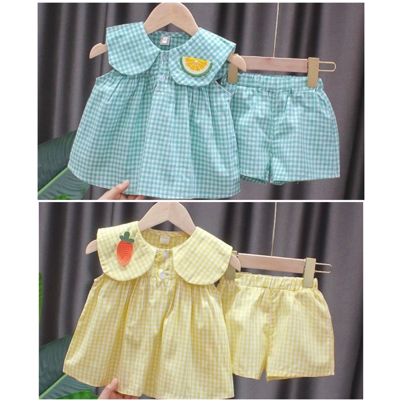 Setelan baju & celana anak perempuan motif kotak bahan katun