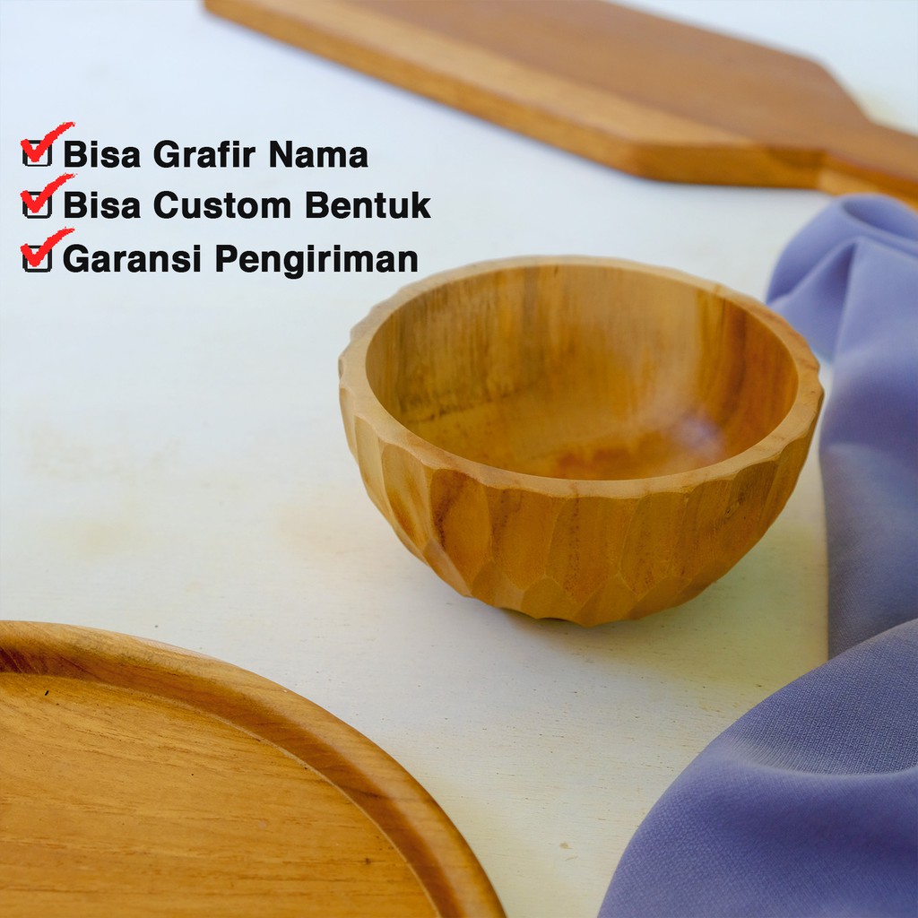 Naruna Mangkok Kayu Jati Dengan Motif Ukir Bisa Grafir Satuan