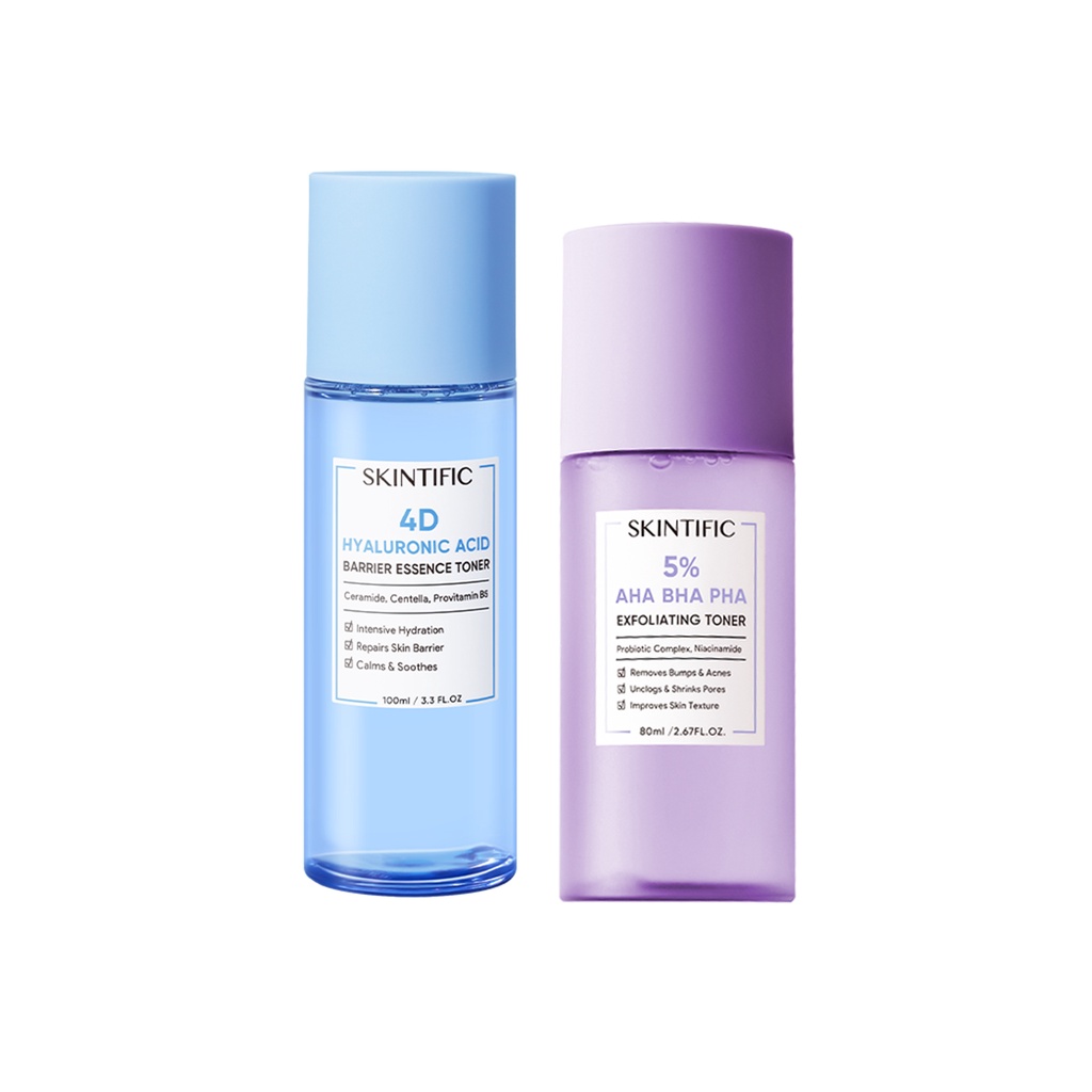 【Skintific Outlet Official】SKINTIFIC Healthy Skin Set - 4D Hyaluronic Acid ( HA ) Barrier Essence Toner 100Ml Toner Pelembab + 5% Aha Bha Pha Exfoliating Toner 【BPOM】