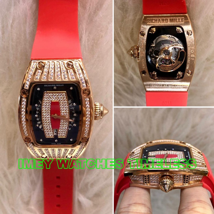 Hot Sale JAM TANGAN WANITA RM007 DATE RED AUTOMATIC FULL DIAMOND ORIGINAL BM Garansi 1 th