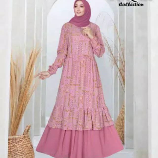 Gamis Monalisa Motif Bunga Rempel Kombinasi Ceruty