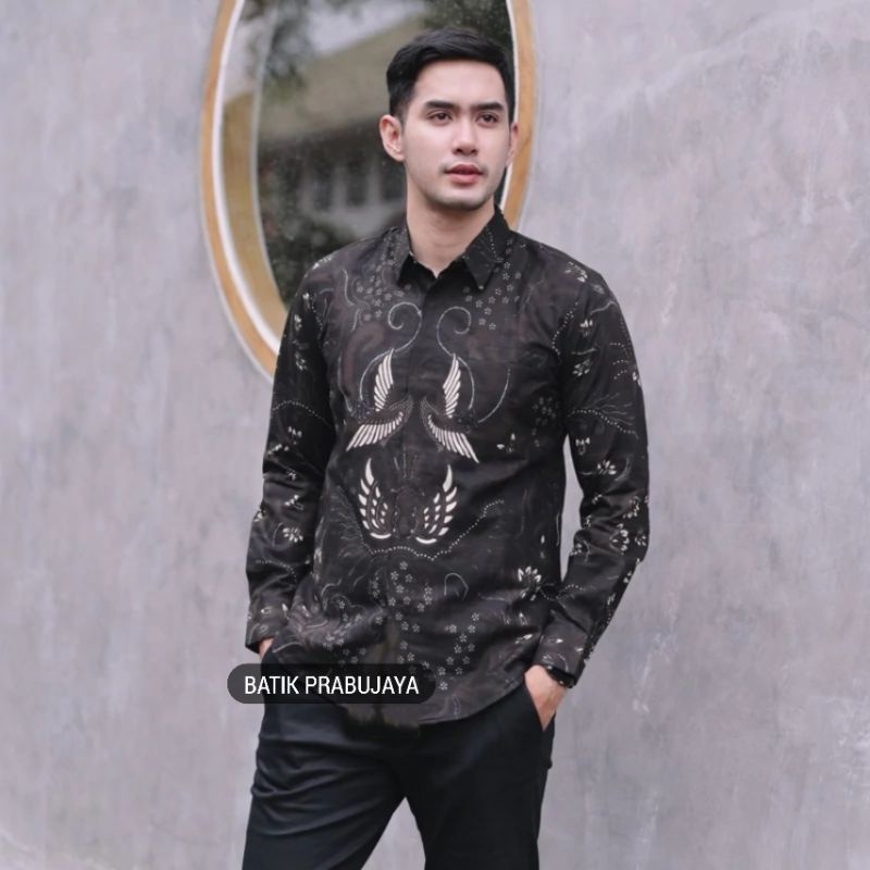 SAWONGGALING Kemeja Batik Pria Modern Premium Lengan Panjang Terbaru - Baju Hem Batik Pria Hitam Tangan Panjang Cowok Kondangan Pesta Kerja