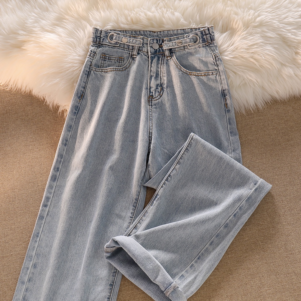 Biru Celana panjang wanita baru slim-fit high-waist straight-leg wide-leg jeans（realpict）