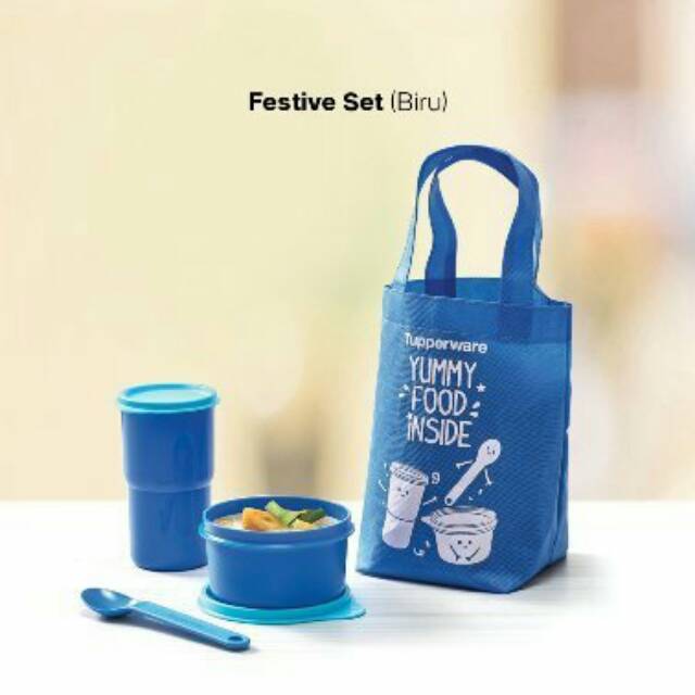 TEMPAT MAKAN TUPPERWARE FESTIVE SET BIRU TUMBLER BOWL SENDOK TAS TEMPAT BEKAL MAKAN  tuperware