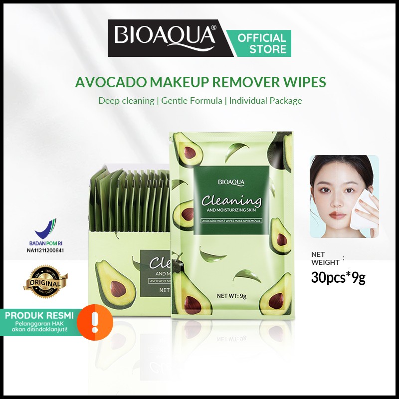 ✨ AKU MURAH ✨ BIOAQUA 1 BOX Avocado Moist Wipes Make Up Removal 30pcs*9g / BOX