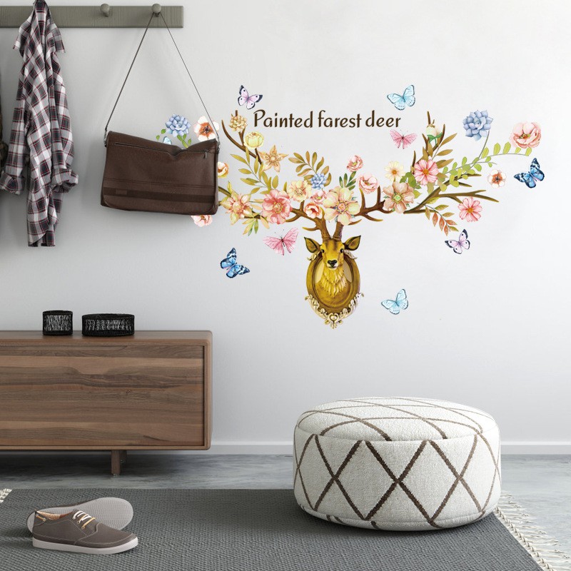 Reliza Wall Sticker Painted Farest Deer Flowers Kepala Rusa Stiker Dinding LDR