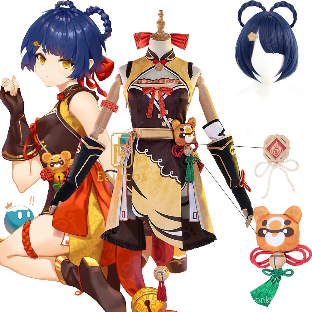 Game Genshin Impact Xiangling Cosplay Costume Wigs Anime Women Dress Halloween Party Outfit Uniform