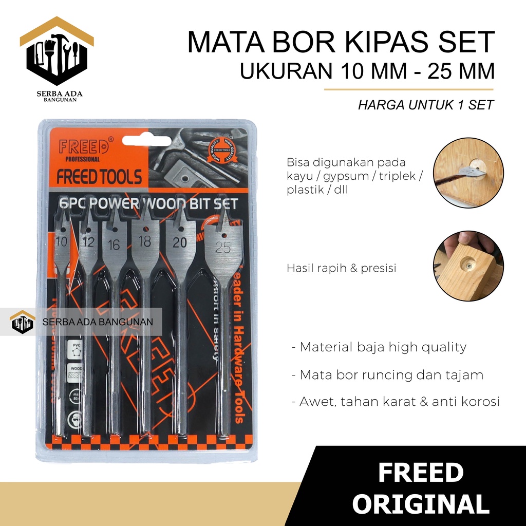 Mata bor kayu KIPAS 6 pcs Flat wood drill bit woodworking skls FREED 10 12 16 18 20 25 mm