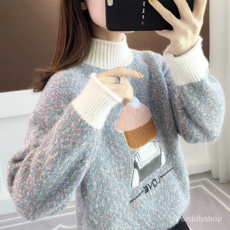 #Sisjuly# Baru Wanita Sweater Longgar Pakaian Luar Wanita Turtleneck Musim Gugur dan Musim Dingin Pu