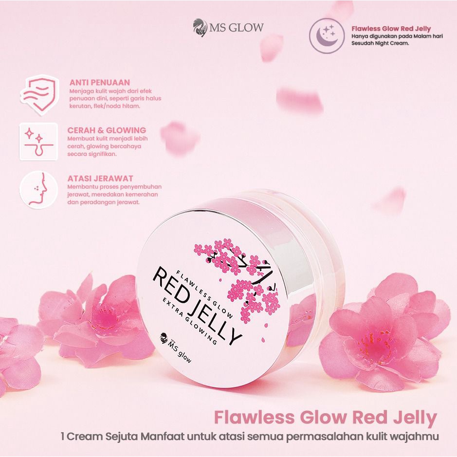 MS GLOW Flawless Glow Red Jelly - mencerahkan kulit dengan Ekstra Sakura 100% GRATIS MUKENA, LIP SERUM, BOK MAKE UP