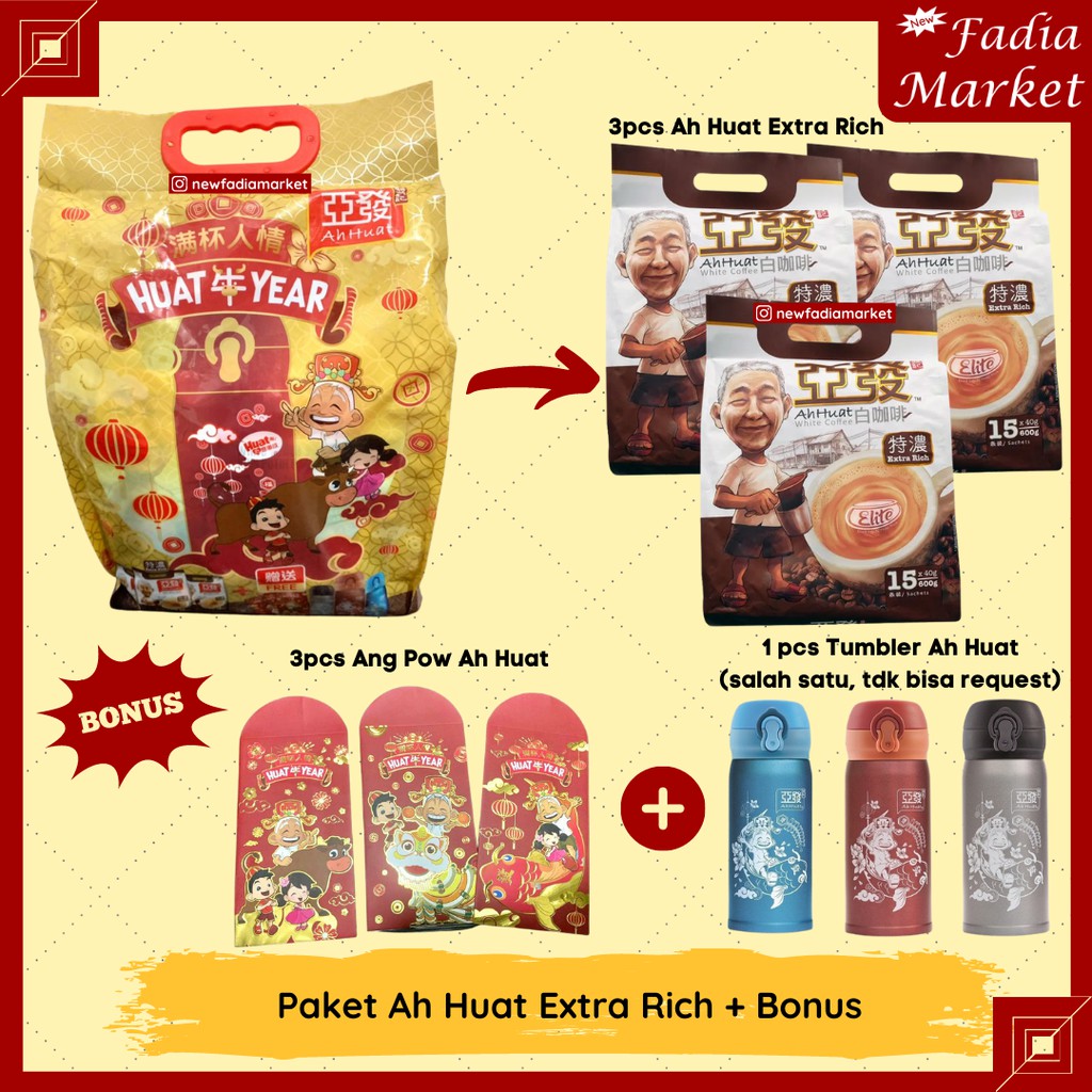 Paket Kopi Malaysia Ah Huat Extra Rich 3pcs + Bonus Angpao & Tumbler