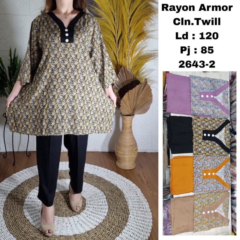 Setelan Oversize Long Tunik Rayon Twill Motif Bunga Kancing Aplikasi // One Set Jumbo Rayon Twill Bu