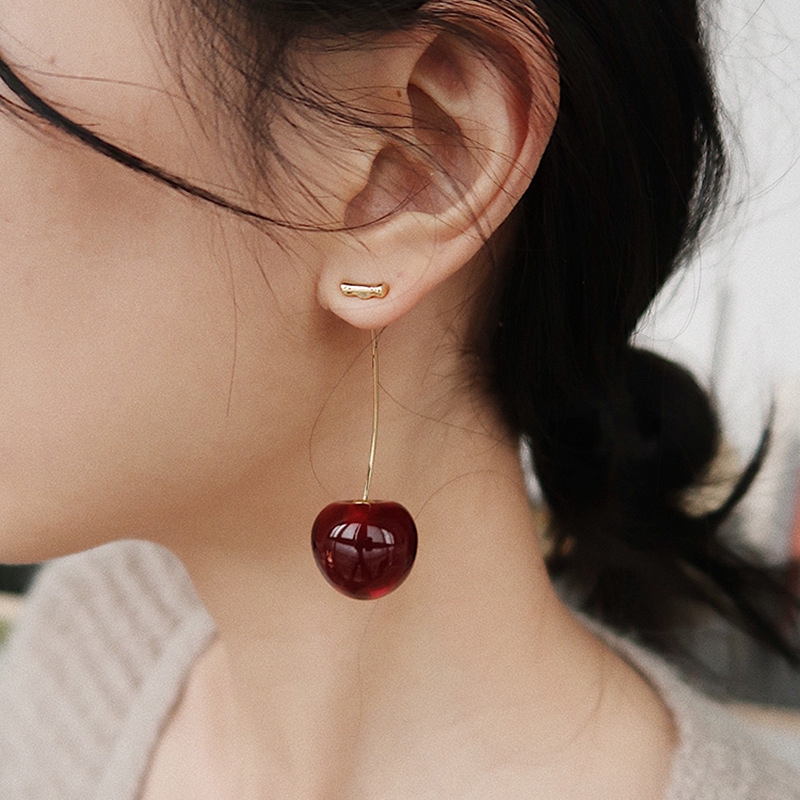 Anting Panjang Desain Buah Cherry Bahan Resin Gaya Korea Untuk Wanita