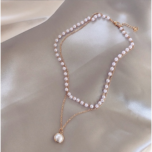 KALUNG TITANIUM WANITA PANJANG MUTIARA PEARL ELEGANT RETRO ANTI KARAT AKSESORIS FASHION IMPORT KOREA KLG37